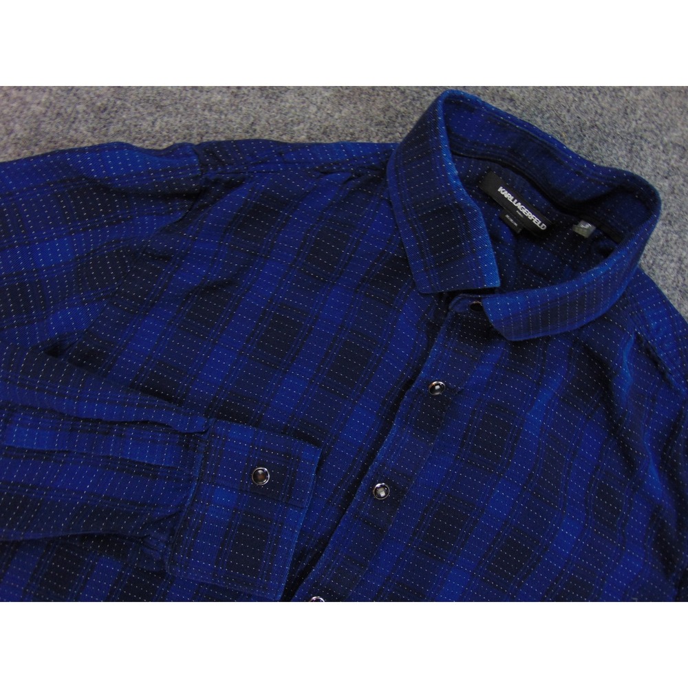 Karl Lagerfeld Paris Shirt Mens Med Blue Plaid Long Sleeve Button Front Designer